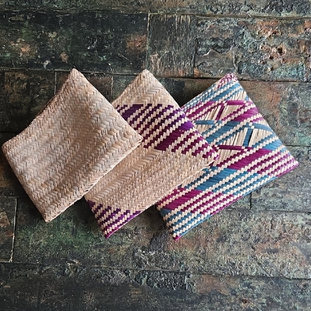 Handwoven Straw Clutch Set - Purple, Teal, Tan